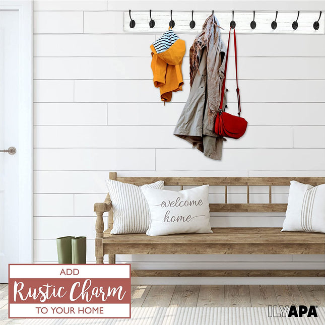Ilyapa Wall Mounted Coat Rack, White Wooden Coat Hook Rail - 38" with 10 Retro Hooks