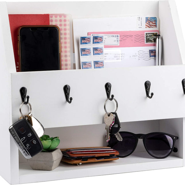 Ilyapa Rustic White Wooden Key and Mail Holder with Shelf - Wall Mounted