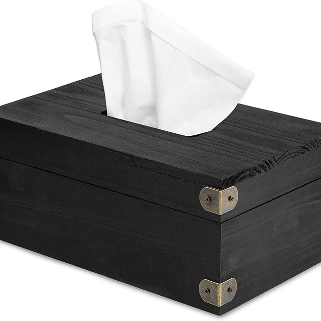 Ilyapa 10 x 6 Rustic Tissue Box Holder - Hinged Lid Tissue Dispenser for Bathroom Living Room Bedroom - Black Weathered Wood