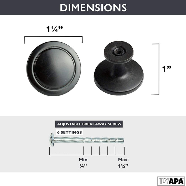 Flat Black Kitchen Cabinet Knobs - 1 1/4 Inch Round Drawer Handles - 25 Pack of Kitchen Cabinet Hardware