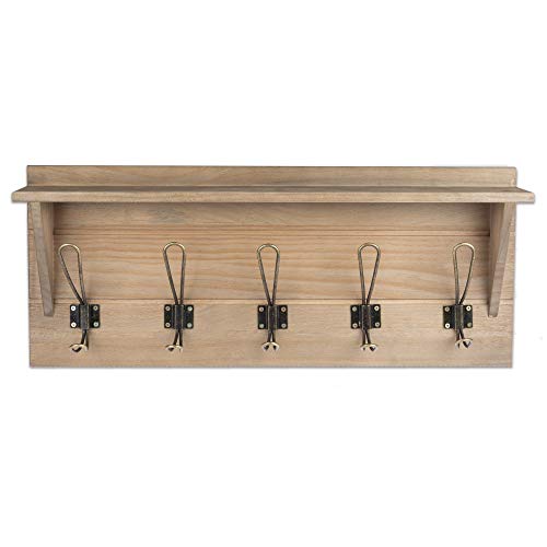 Wall Mounted Coat Rack with Shelf - 24 Inch Rustic Wooden 5 Hook Coat Hanger Rail, Rustic Oak Wood, Black Metal Hooks
