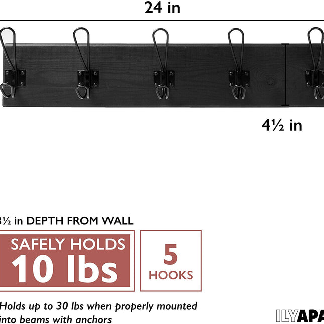 Ilyapa Wooden Coat Rack Wall Mount - Black Wood Hat Hanger with 5 Metal Hooks