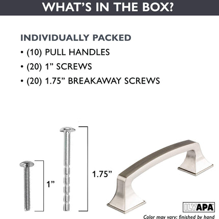 Satin Nickle Cabinet Handles - 3 Inch Hole Center Traditional Squared Drawer Pulls - 10 Pack of Kitchen Cabinet Hardware