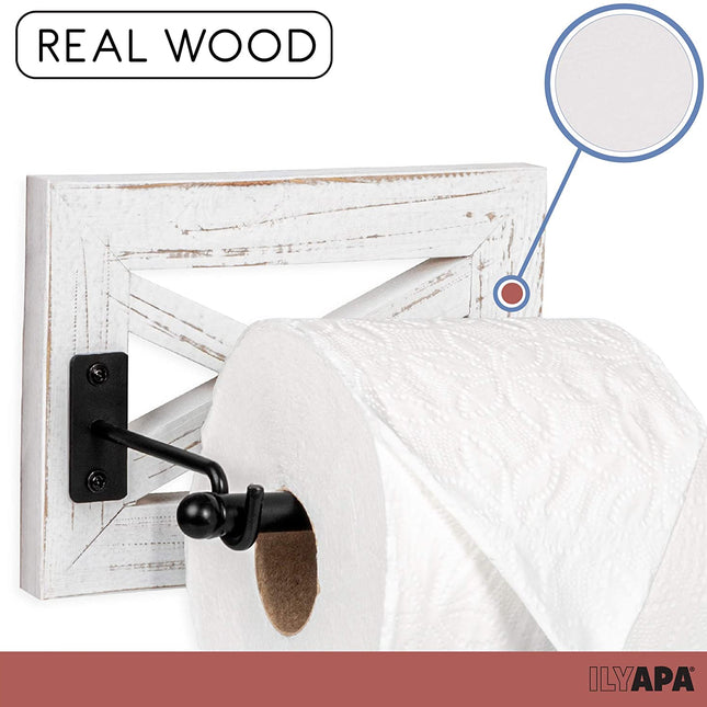 Ilyapa Farmhouse Toilet Paper Holder for Bathroom - Rustic Weathered White Wood Wall Mount Toilet Roll Holder