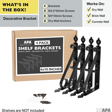 Heavy Duty Floating Shelf Brackets, 4 Pack - 6x10 Inch Decorative Metal Shelf Holders for Wall Mount Shelves