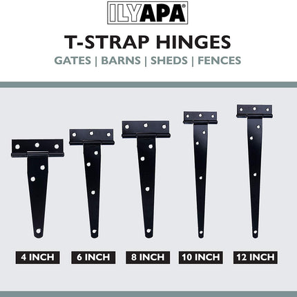 Ilyapa Heavy Duty Gate Hinges, 6 Pack - 10 Inch Outdoor T Strap Hinges for Barn Door, Shed or Wooden Fences