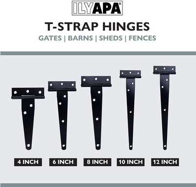Ilyapa Heavy Duty Gate Hinges, 6 Pack - 10 Inch Outdoor T Strap Hinges for Barn Door, Shed or Wooden Fences
