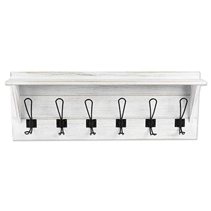 Wall Mounted Coat Rack with Shelf - 27 Inch Rustic Wooden 6 Hook Coat Hanger Rail, White Distressed Wood, Black Metal Hooks