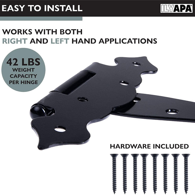 Ilyapa Heavy Duty Gate Hinges, 6 Pack - 5 Inch Decorative Outdoor T Strap Hinges for Barn Door, Shed or Wooden Fences