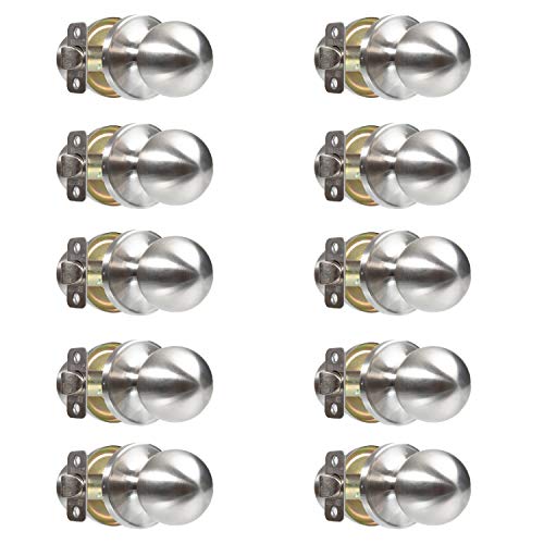 Ilyapa Passage Door Knob for Hall/Closet - Ball, Satin Nickel Interior Keyless Non Locking Round Door Handle, Satin Nickel, 10 Pack