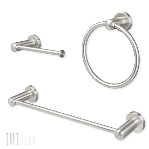 Ilyapa 3 Piece Silver Wall Mounted Bathroom Hardware Set - Towel Bar, Hand Towel Ring, Toilet Paper Holder, with Mounting Hardware