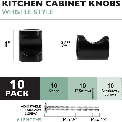 Ilyapa Flat Black Kitchen Cabinet Knobs - Minimalist Cylindrical Whistle Knob Handles - 10 Pack of Kitchen Cabinet Hardware