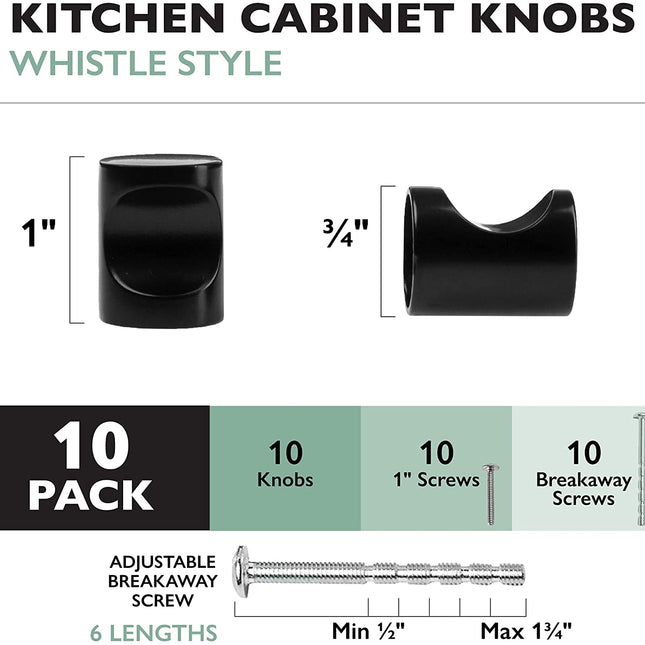 Ilyapa Flat Black Kitchen Cabinet Knobs - Minimalist Cylindrical Whistle Knob Handles - 10 Pack of Kitchen Cabinet Hardware