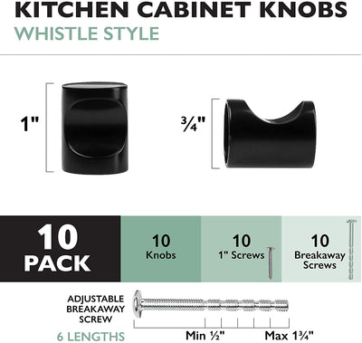 Ilyapa Flat Black Kitchen Cabinet Knobs - Minimalist Cylindrical Whistle Knob Handles - 10 Pack of Kitchen Cabinet Hardware