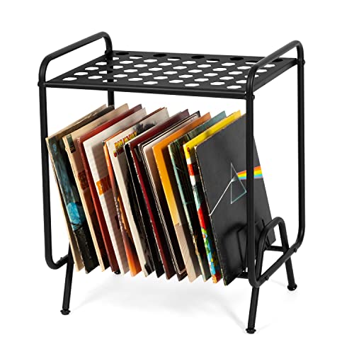 Ilyapa 2-Tier Black Metal Record Player Stand with 16 Slot Vinyl Record Holder - Honeycomb Design Turntable Shelf with Record Shelf