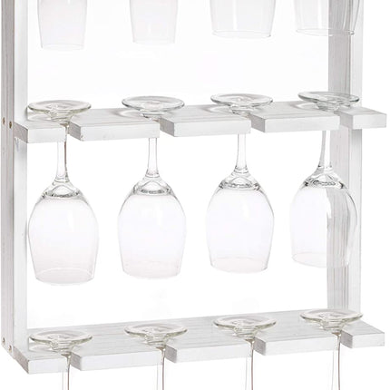 Wine Glass Rack, Wall Mounted - 3 Tier Rustic Weathered White Wood Stemware Storage Holder