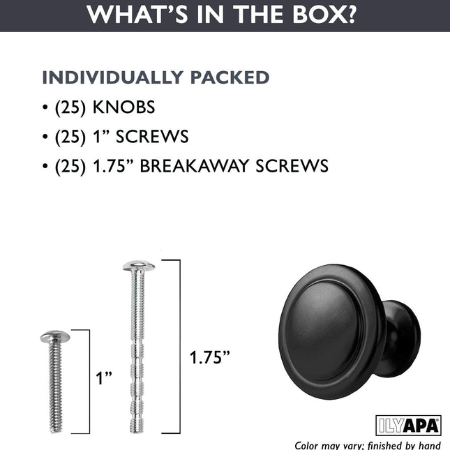 Flat Black Kitchen Cabinet Knobs - 1 1/4 Inch Round Drawer Handles - 25 Pack of Kitchen Cabinet Hardware