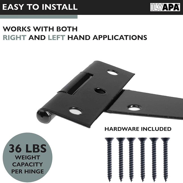 Ilyapa Heavy Duty Gate Hinges, 6 Pack - 4 Inch Outdoor T Strap Hinges for Barn Door, Shed or Wooden Fences
