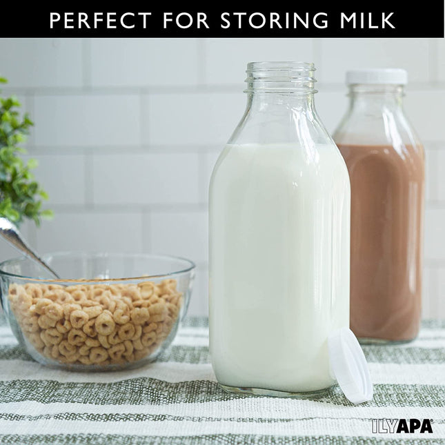 Ilyapa 33.8 oz Glass Milk Bottle with Plastic Lid - Pack of 2 - Vintage style Glass Milk Bottle with Cap for Milk, Kombucha, Juice, Water - Larger than 1 Quart