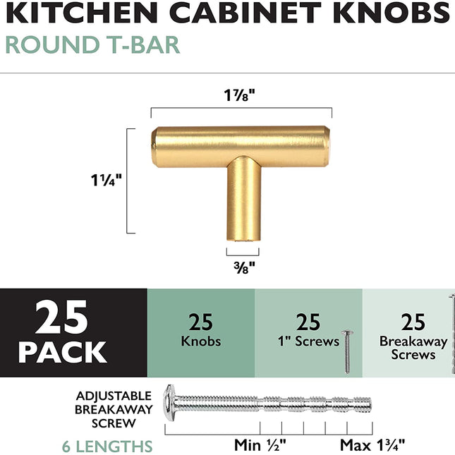 Brushed Gold Kitchen Cabinet Knobs, 25 Pack - T-Knob Drawer Pull Handle Hardware