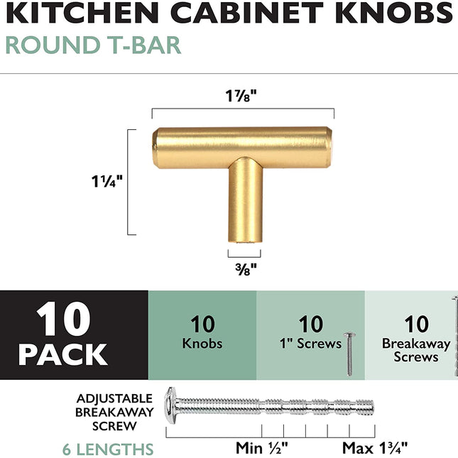 Brushed Gold Kitchen Cabinet Knobs, 10 Pack - T-Knob Drawer Pull Handle Hardware