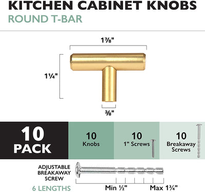 Brushed Gold Kitchen Cabinet Knobs, 10 Pack - T-Knob Drawer Pull Handle Hardware