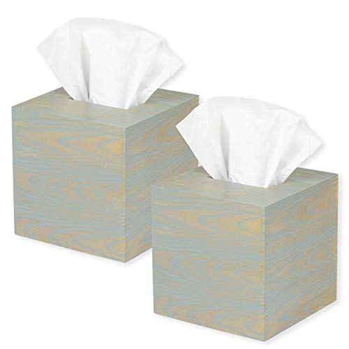 Ilyapa Wood Tissue Box Cover, 2 Pack Square - Rustic Farmhouse Gray Wooden Tissue Holders