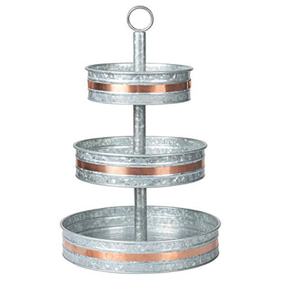 Galvanized Three Tiered Serving Stand - 3 Tier Metal Trays with Copper Trim