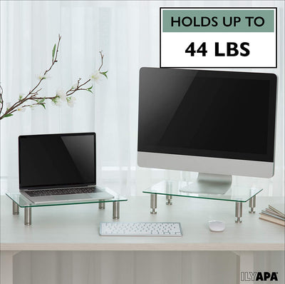 Height Adjustable Glass Monitor Stand 2 Pack - 16 x 9.5 Inch Clear Desktop Risers for Computer Monitors, Laptop, TV, Printer & More