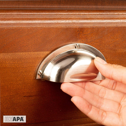Satin Nickel Kitchen Cabinet Pulls - 3 Inch Hole Center Industrial Design Bin Cup Drawer Handles - 10 Pack of Kitchen Cabinet Hardware