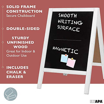 Wooden A-Frame Sign with Eraser & Chalk - Magnetic Sidewalk Chalkboard - Sturdy Freestanding White Sandwich Board Menu Display for Restaurant, Business Or Wedding
