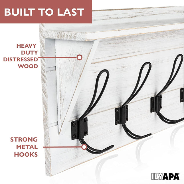 Ilyapa Wall Mounted Coat Rack Shelf, White Wooden - 38" Entryway 10 Hook