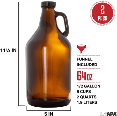 Glass Growlers for Beer, 2 Pack - 64 oz Growler Set with Lids - Great for Home Brewing, Kombucha & More