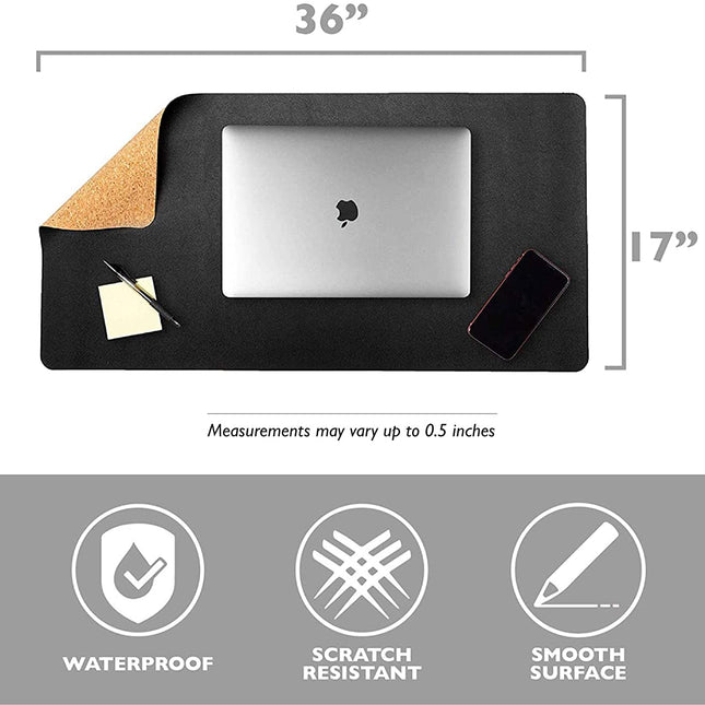 Office Desk Mat, Double Sided Black & Cork - 36 x 17 Inch Leather Style Computer Pad for Desk