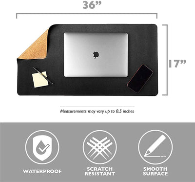 Office Desk Mat, Double Sided Black & Cork - 36 x 17 Inch Leather Style Computer Pad for Desk