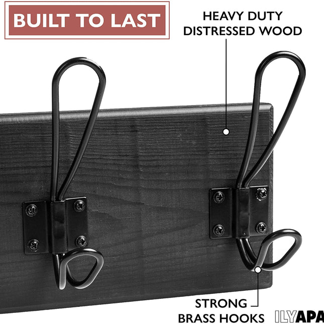 Ilyapa Wooden Coat Rack Wall Mount - Black Wood Hat Hanger with 5 Metal Hooks