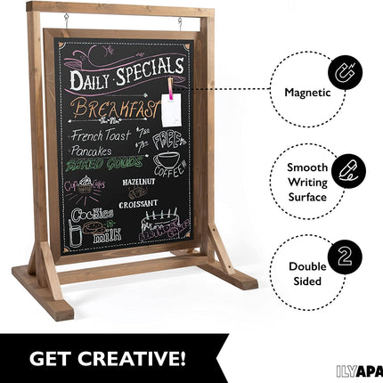 Ilyapa Rustic Double Sided Swinging Chalkboard Sidewalk Sign - Barnwood Magnetic A Frame Alternative Menu Board Sandwich Board Message Sign