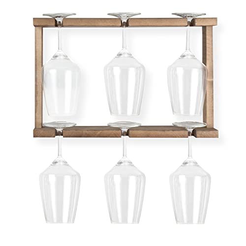 Ilyapa Wall Mounted Wooden Wine Rack - Brown 2 Tier Wine Glass Holder - Storage For 8 Glasses