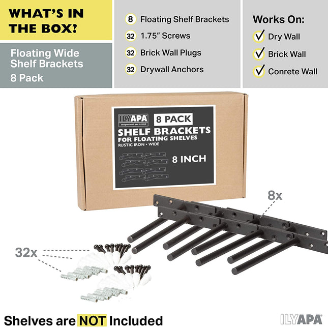 Hidden Shelf Brackets, Rustic Iron 8 Pack - 8 Inch Black Metal Blind Shelf Supports for Wall Mount Floating Shelves