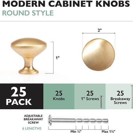 Ilyapa Brushed Gold Kitchen Cabinet Knobs - Round Drawer Handles - 25 Pack of Kitchen Cabinet Hardware