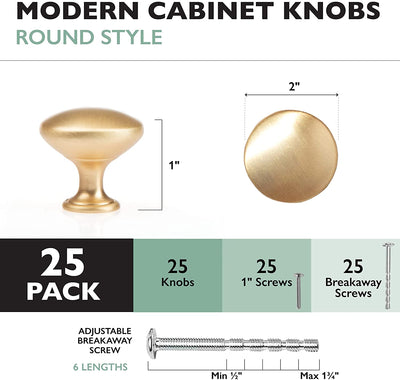 Ilyapa Brushed Gold Kitchen Cabinet Knobs - Round Drawer Handles - 25 Pack of Kitchen Cabinet Hardware