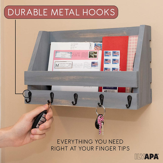 Ilyapa Rustic Gray Wooden Key and Mail Holder - Wall Mounted