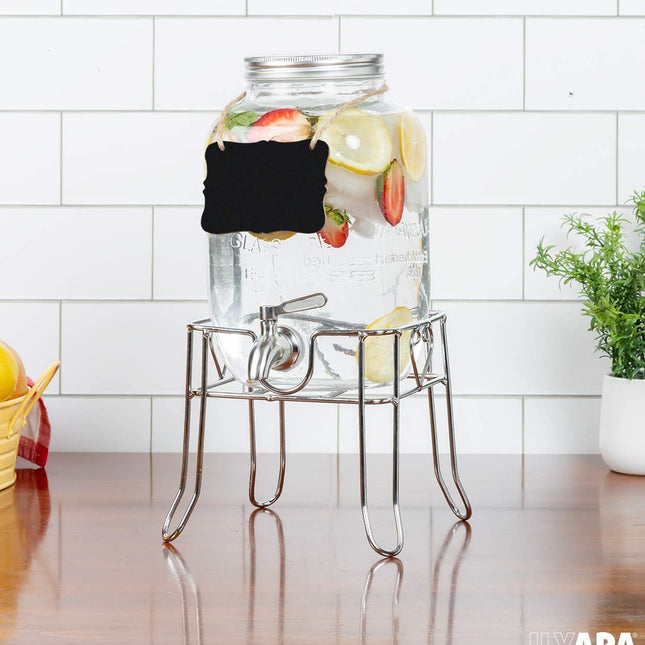 Outdoor Glass Beverage Dispenser with Sturdy Metal Base, Stainless Steel Spigot & Hanging Chalkboard - Drink Dispenser for Lemonade, Tea, Cold Water & More