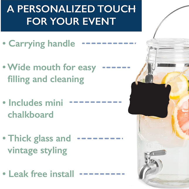 Outdoor Glass Beverage Dispenser with Stainless Steel Spigot, Handle & Hanging Chalkboard - Drink Dispenser for Lemonade, Tea, Cold Water & More