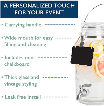 Outdoor Glass Beverage Dispenser with Stainless Steel Spigot, Handle & Hanging Chalkboard - Drink Dispenser for Lemonade, Tea, Cold Water & More