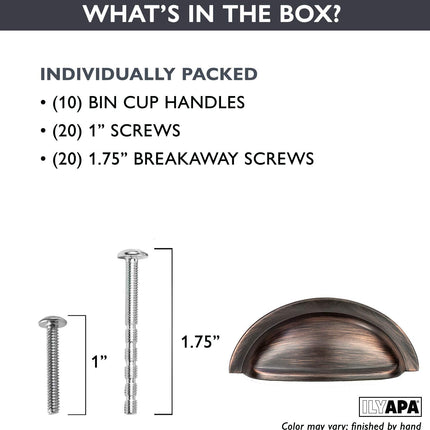 Oil Rubbed Bronze Kitchen Cabinet Pulls - New 3 Inch Hole Center Bin Cup Drawer Handles - 10 Pack of Kitchen Cabinet Hardware