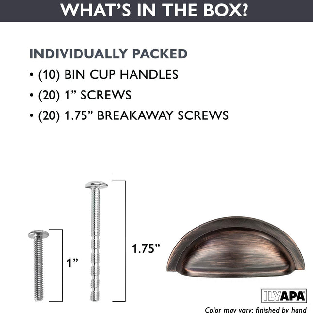 Oil Rubbed Bronze Kitchen Cabinet Pulls - New 3 Inch Hole Center Bin Cup Drawer Handles - 10 Pack of Kitchen Cabinet Hardware