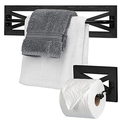 Ilyapa Rustic Towel Bar Toilet Paper Holder Set for Bathroom- Wall Mounted Bathroom Racks - Black Wood & Black Metal Bar, Farmhouse Decor