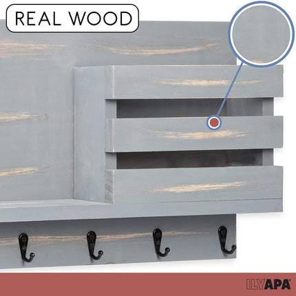 Wood Key and Mail Holder with Shelf - Rustic Gray Wooden Wall Mount Mail Organizer & Key Rack, Decorative