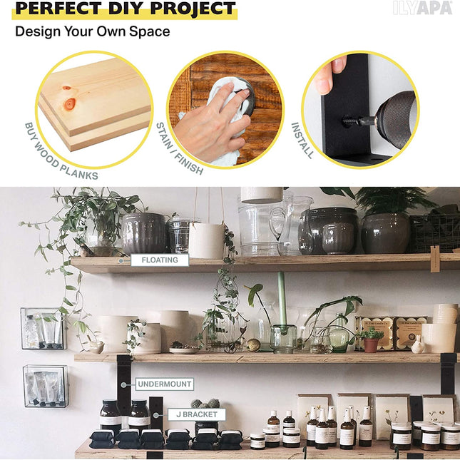 Heavy Duty Steel Floating Shelf Brackets, J Bracket with Lip- Farmhouse Rustic Iron Matte Finish - 4 Pack of 6 x 7.25 Inch Industrial Metal Shelf Holders, Joint Angle Brackets for Wall Mount Shelves